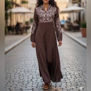 SHUKR ABAYA LONG BROWN EMBROIDERED DRESS SIZE L